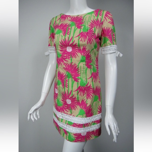 LILLY PULITZER Fiesta Beige Magenta Lime Floral Stretch Cotton Dress Size 4 - Picture 3 of 11